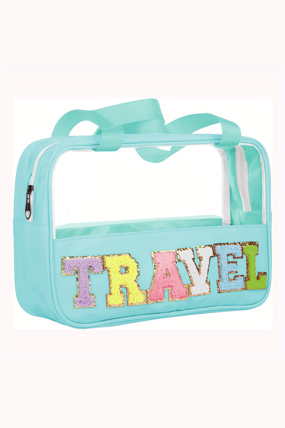 Pastel Coloured Clear Window Travel Friendly Chenille Letter Makeup Bag