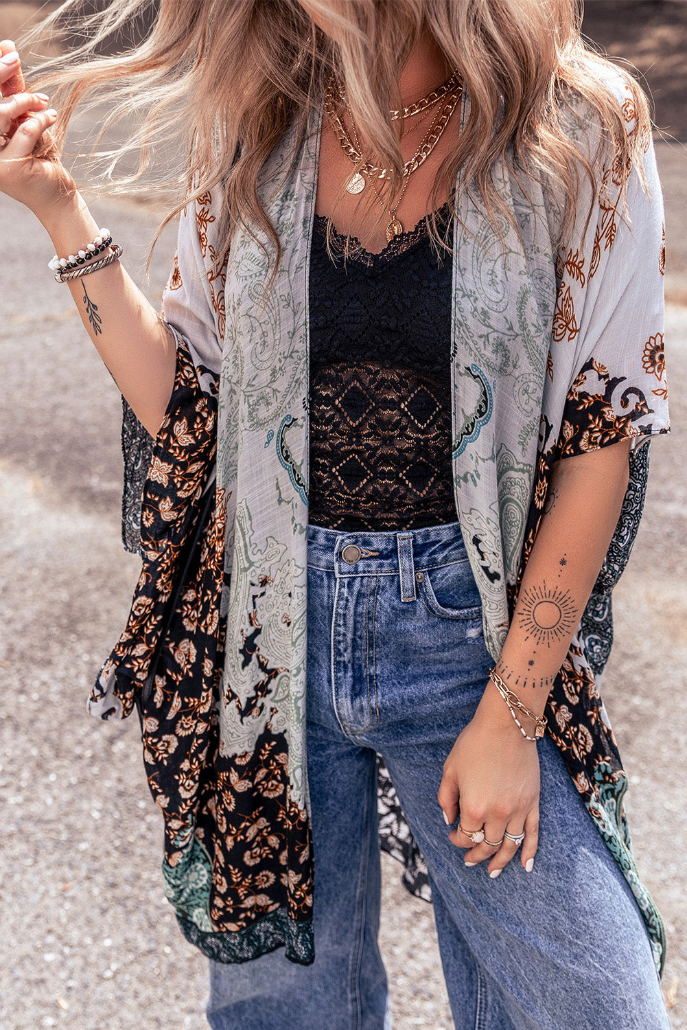 Boho Floral Print Beach Kimono