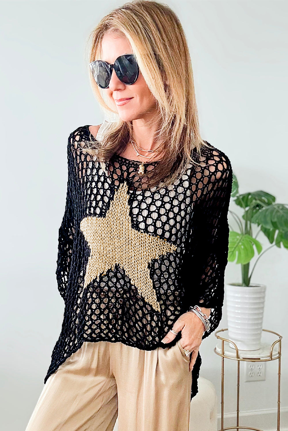 Star Graphic Crochet Knitted Summer Sweater Top | Black or White