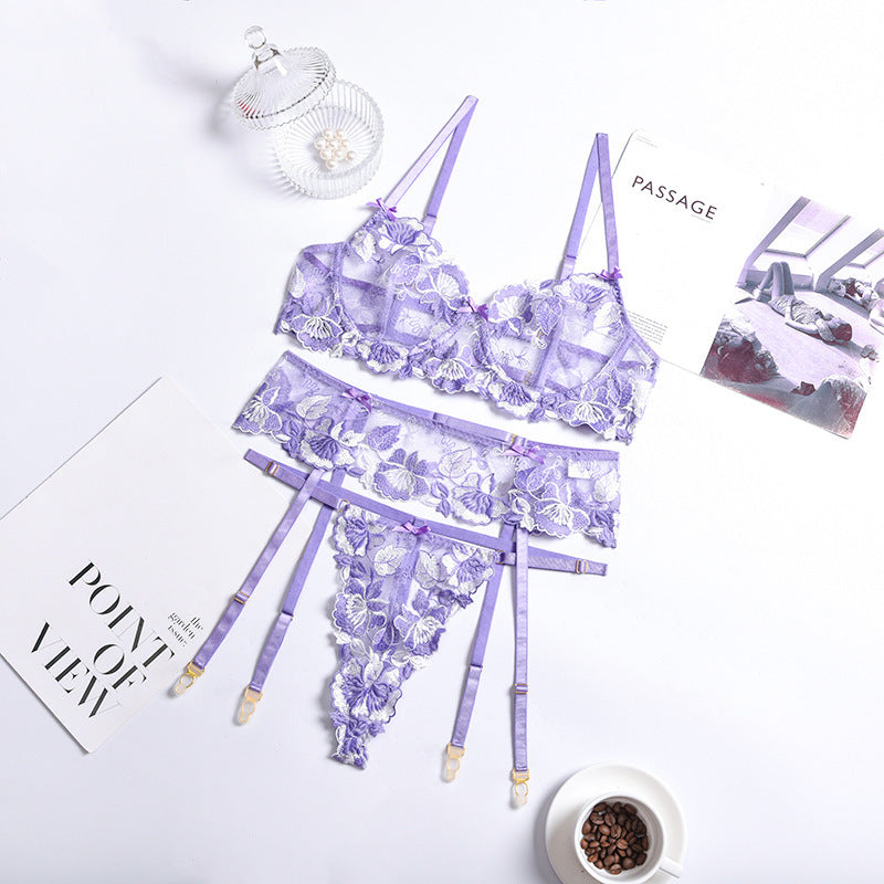 Purple 3 Piece Embroidered Lace Garter Lingerie Set