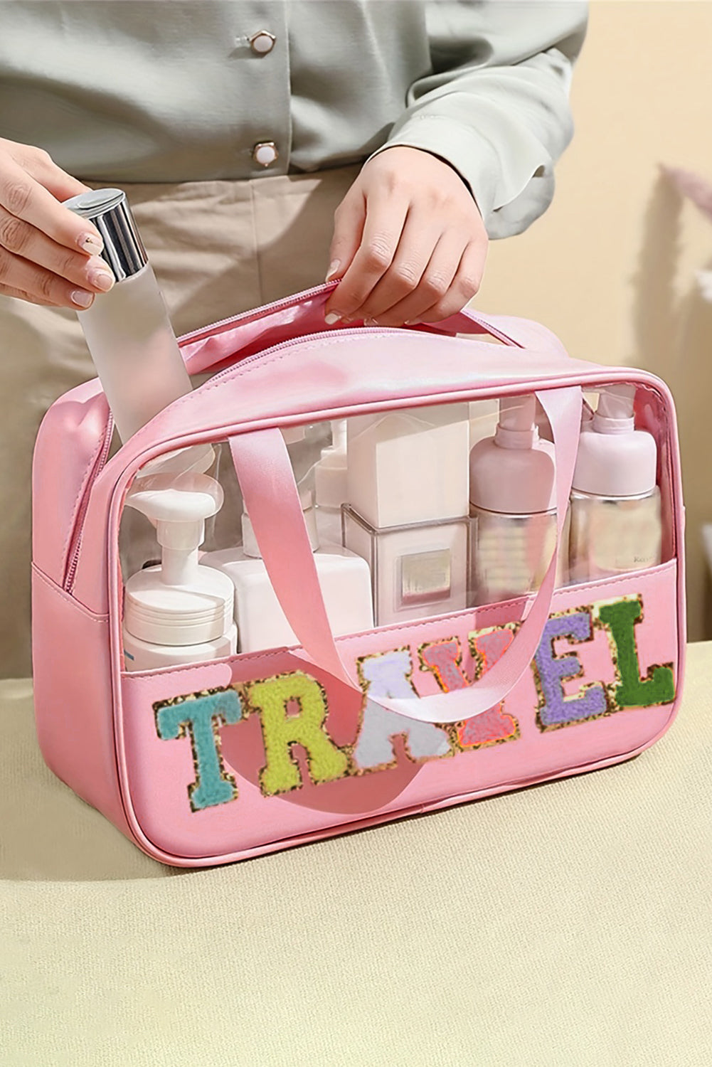 Pastel Coloured Clear Window Travel Friendly Chenille Letter Makeup Bag