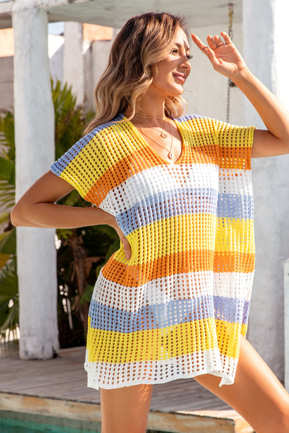 Striped Hollow Out Crochet Knit V Neck Tunic Beach Cover Up | 2 Colour Options