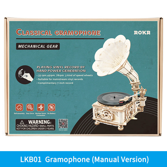 ROKR Real Working Hand Crank Classic Gramophone Wooden Puzzle - DIY Model Building Kit