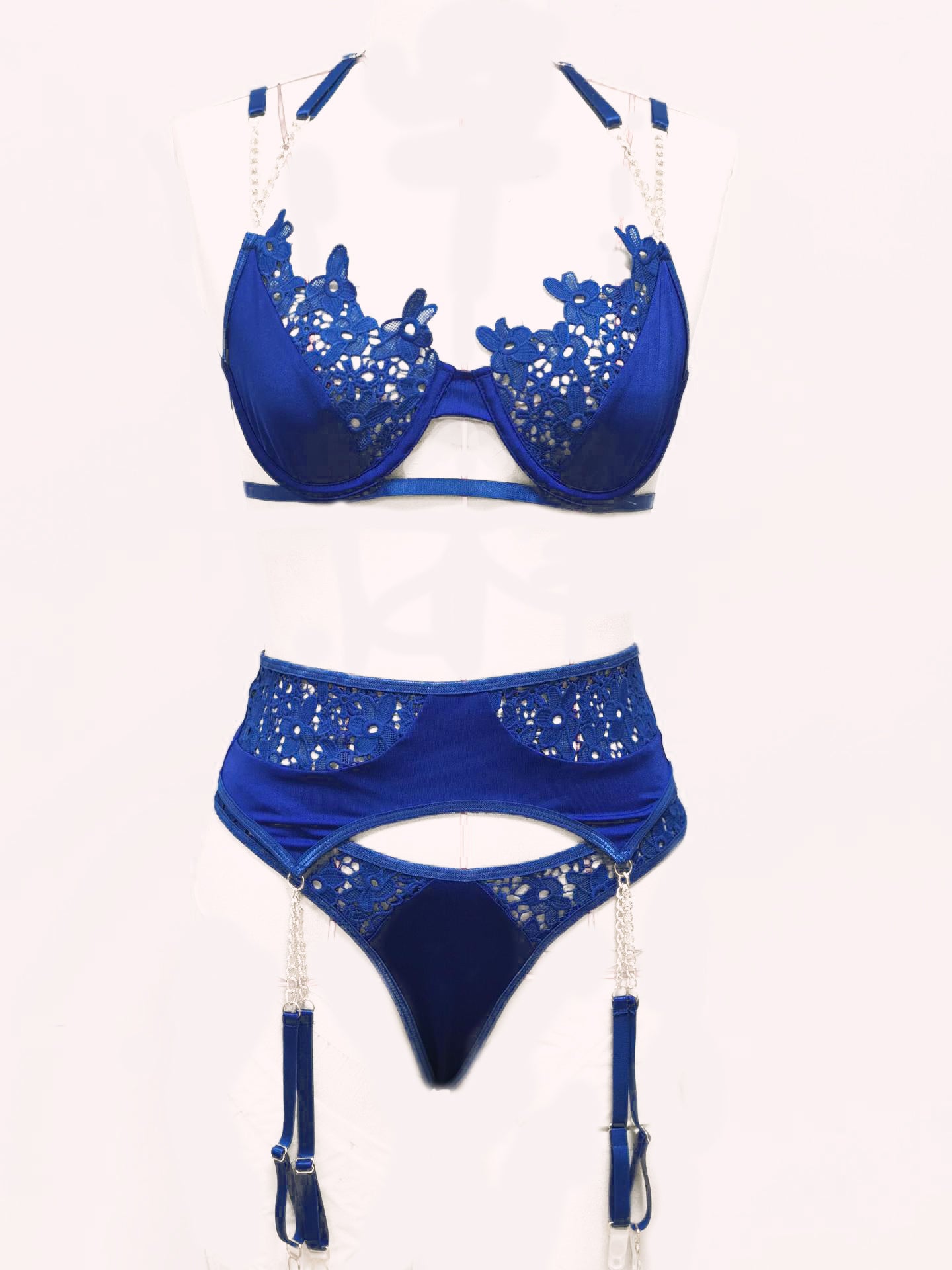 Matching Satin and Lace Ladies Underwear Set with Garter Belt | Blue or Black