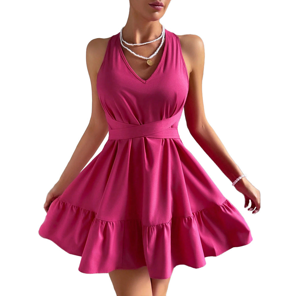 Ladies Rose Pink Backless Summer Halter Dress