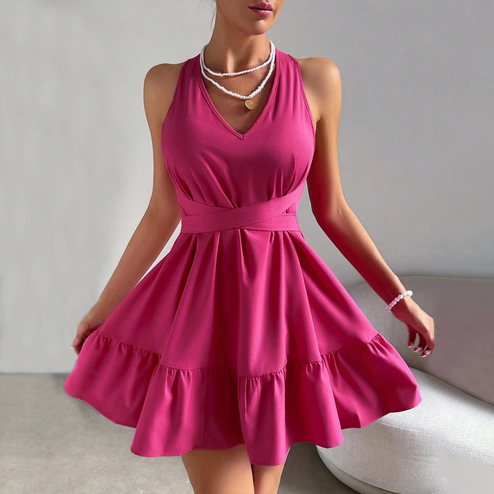 Ladies Rose Pink Backless Summer Halter Dress