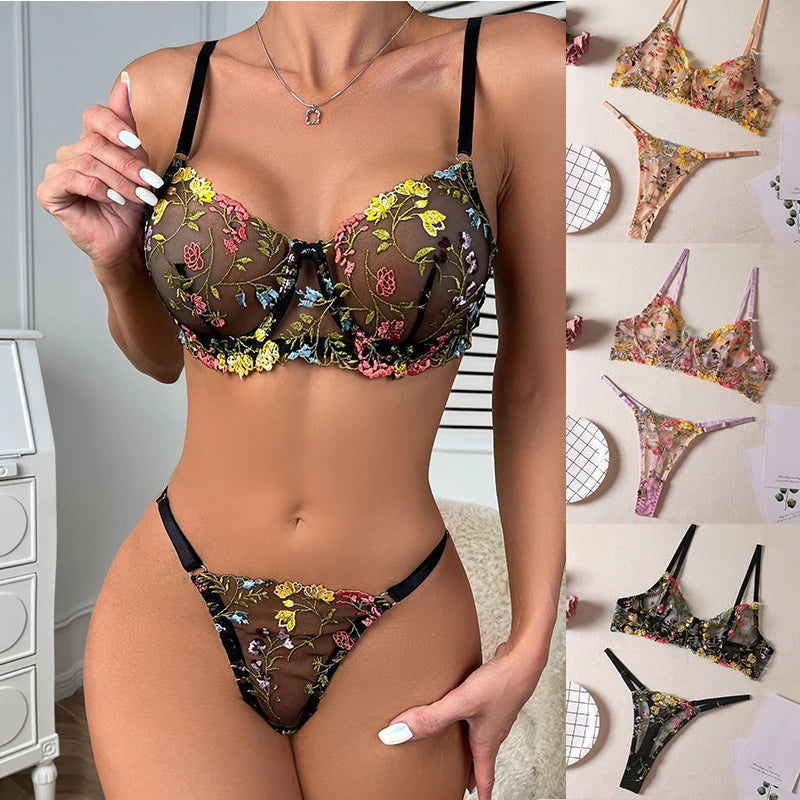 2 Piece Floral Embroidery Sexy Sheer Lace Bra Underwear Lingerie Set