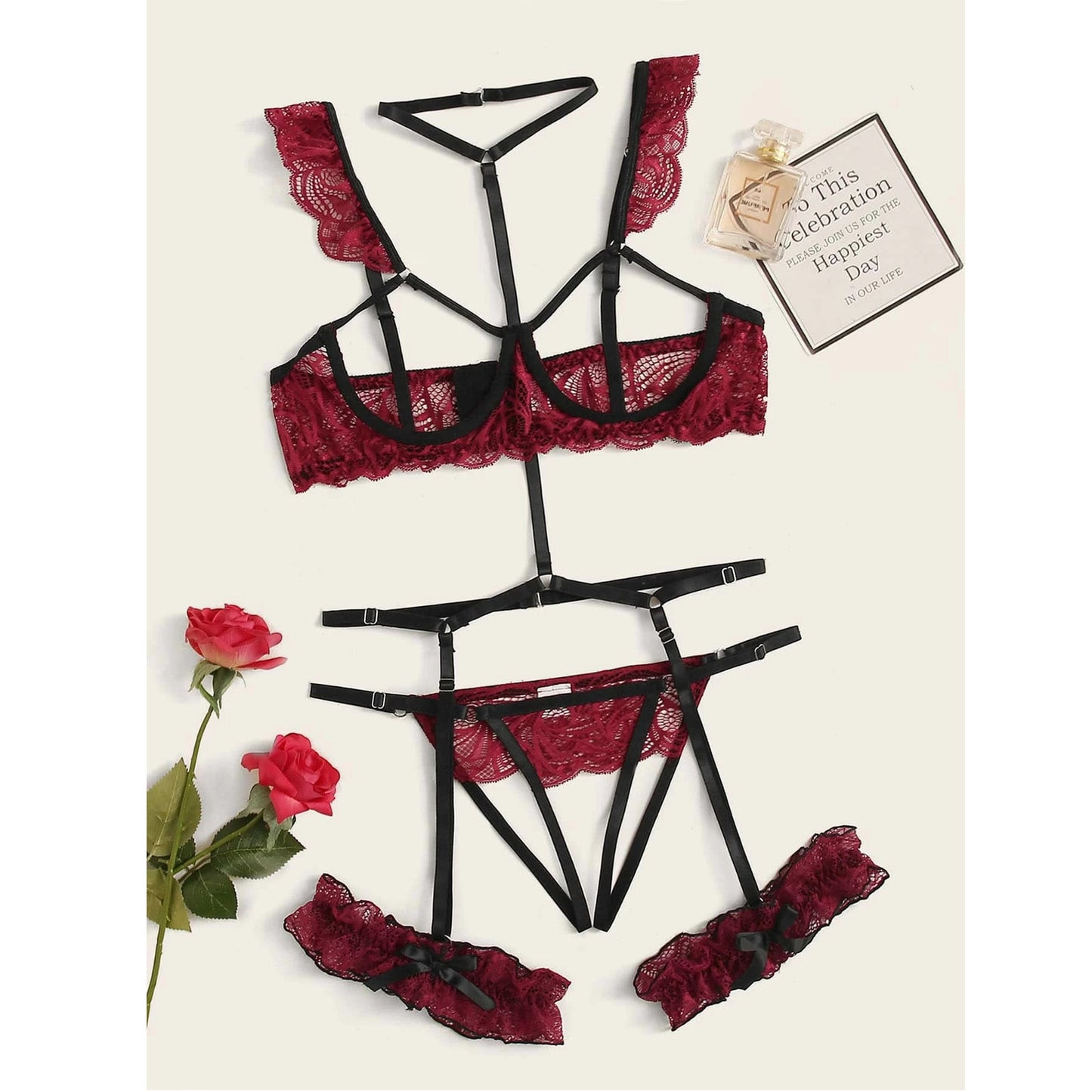 3 Piece Open Cup Strappy Lingerie Set with Lace Detailing and Garters