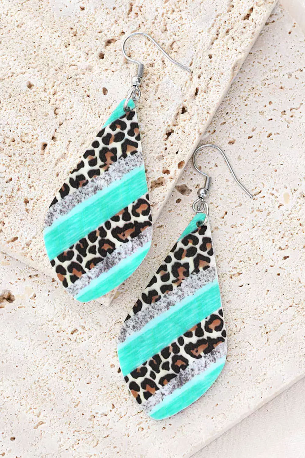 Sky Blue Leopard Color Block Glitter Water Drop Earrings