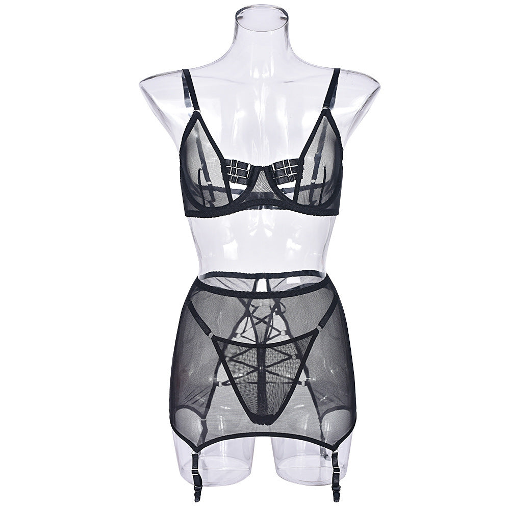 3 Piece Strappy Sexy Black Mesh Lingerie Set