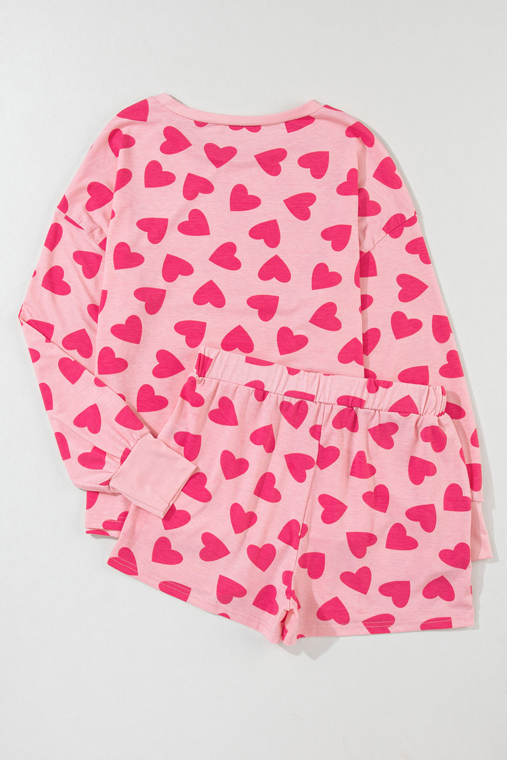 Pink Valentine Heart Shape Print Long Sleeve Top Shorts Lounge Set