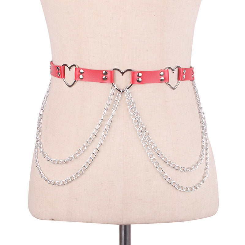 Punk Leather Belt With Heart-shaped Metal Trim and Chains | 8 Colour Options