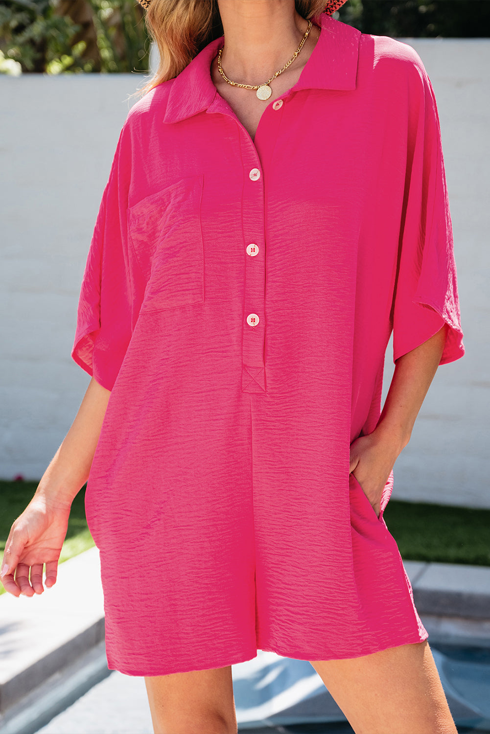 Bright Pink Half Button Collared Loose Romper