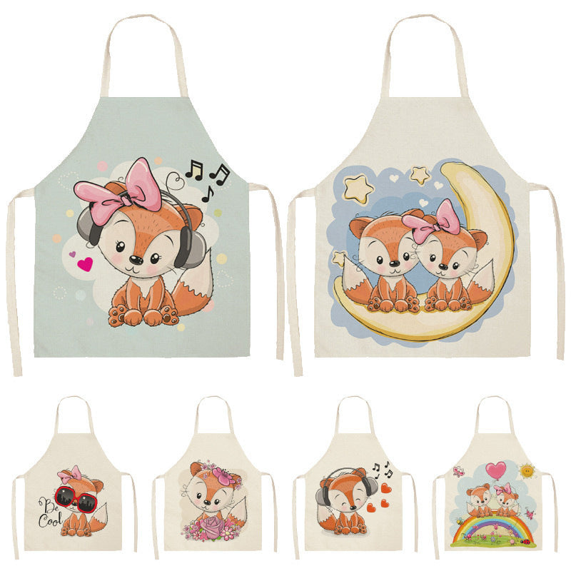 Kawaii Japanese Rainbow Fox Printed Cotton Linen Kitchen Apron