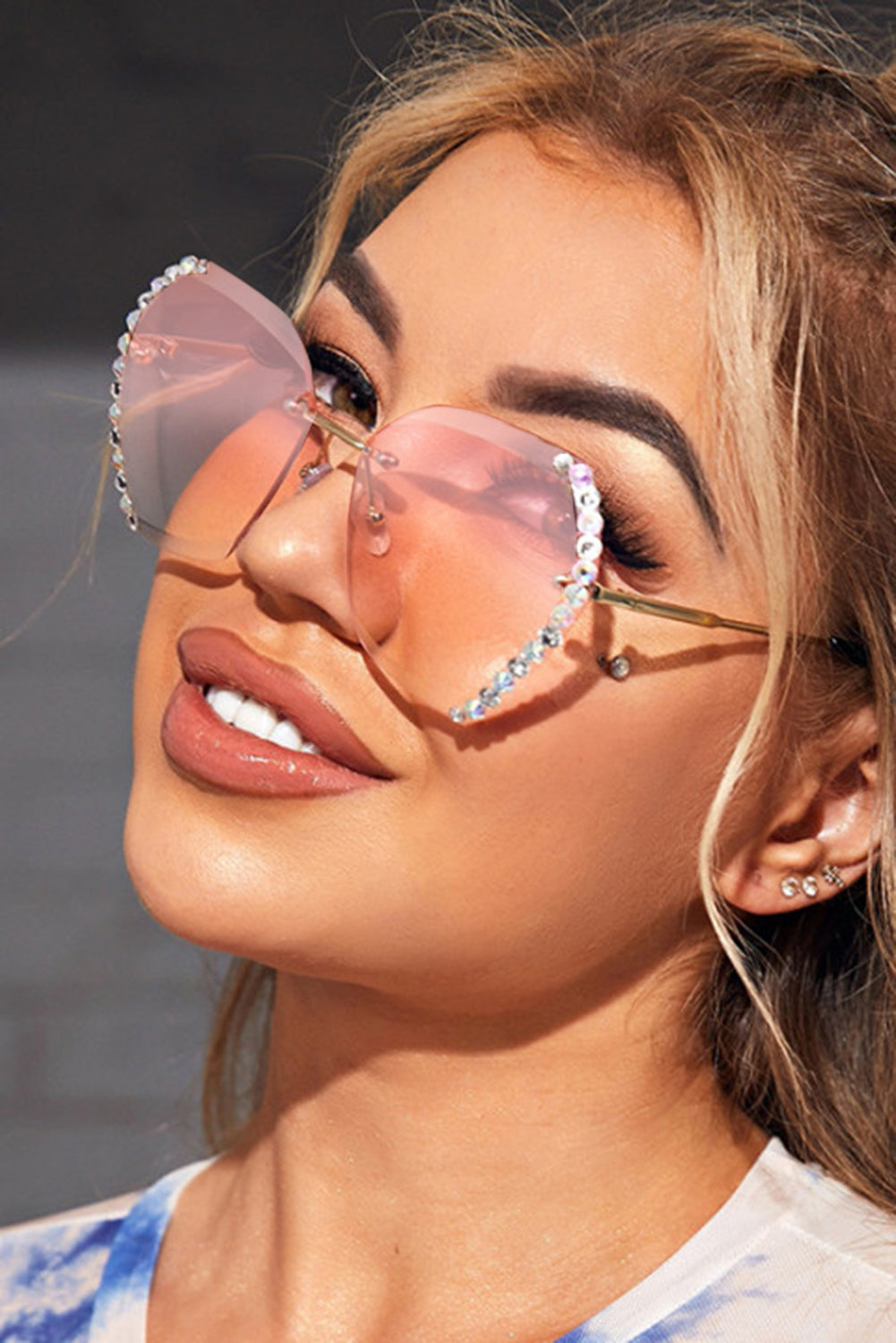 Rhinestone Embellished Rimless Sunglasses | Grey, Pink or Brown