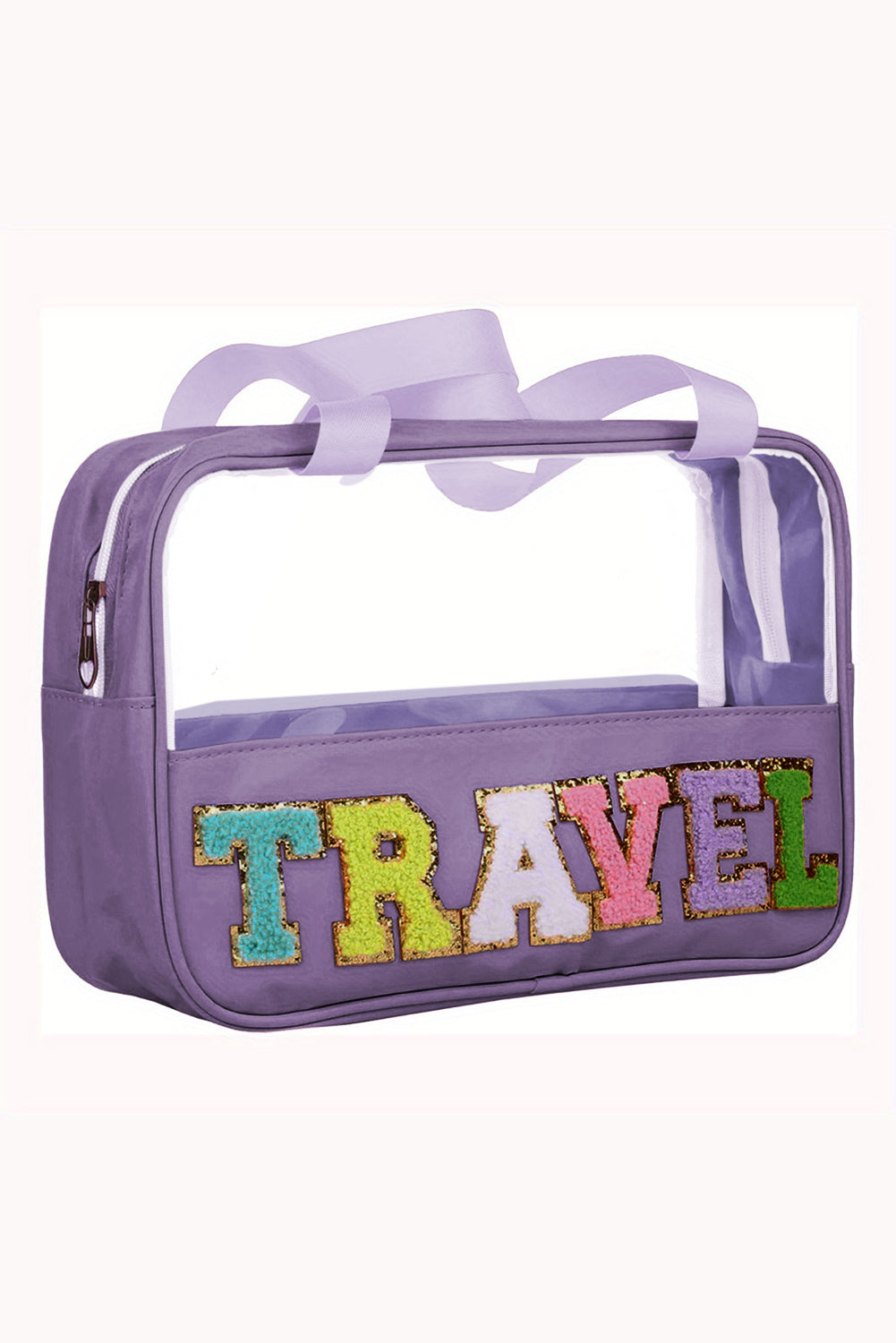 Pastel Coloured Clear Window Travel Friendly Chenille Letter Makeup Bag