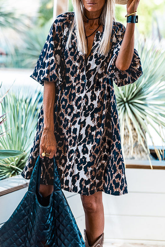 Black Leopard Puff Sleeve Buttons Front Shirt Dress 100% Cotton