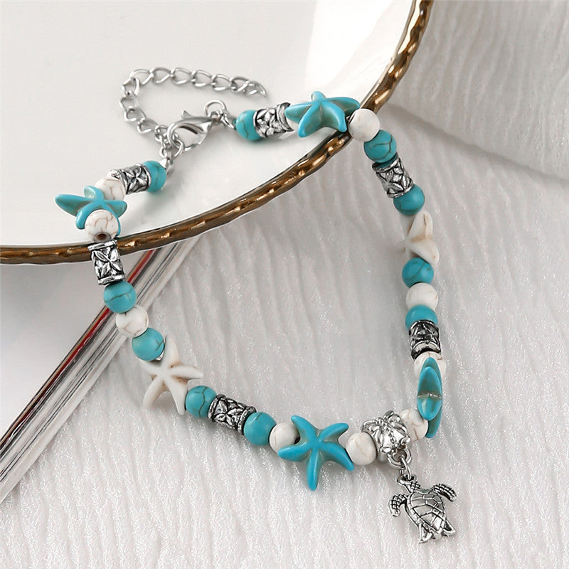 Turquoise Starfish Anklet with Turtle Charm