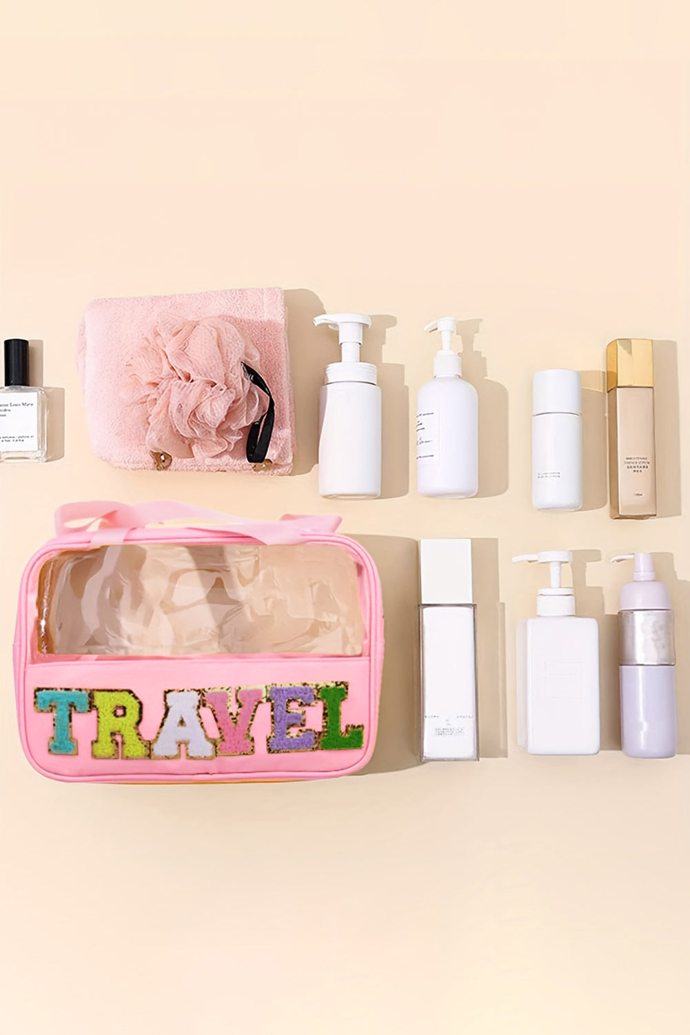 Pastel Coloured Clear Window Travel Friendly Chenille Letter Makeup Bag