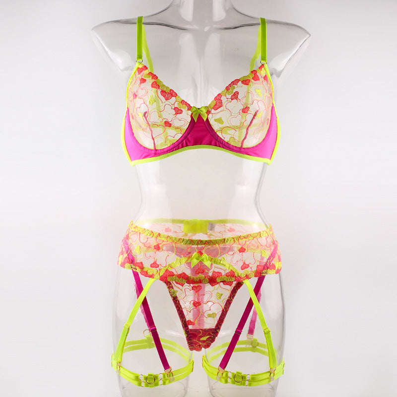 Three Piece Sexy Neon Garter See-Through Lace Lingerie Set