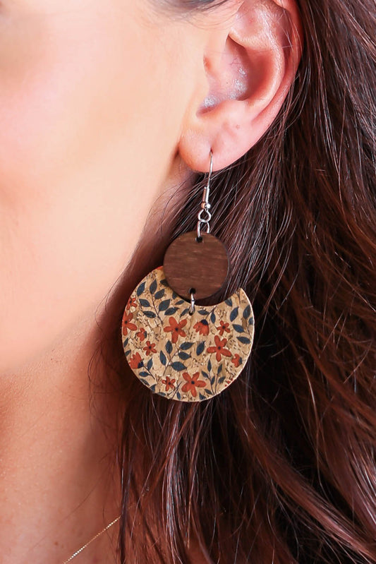 Multicolor Vintage Floral Print Geometric Wood Earrings