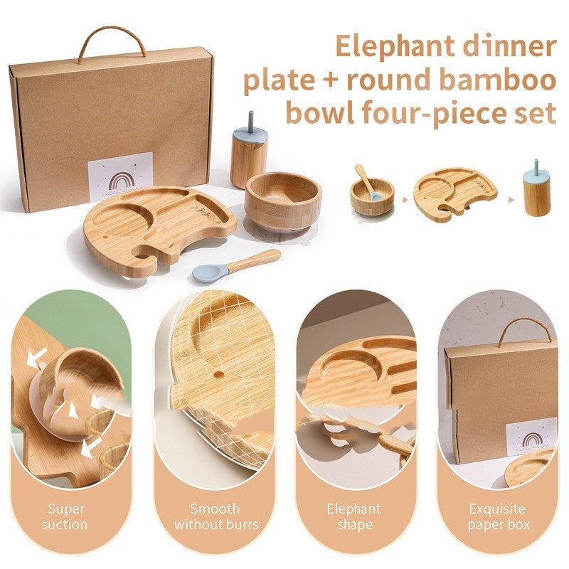 Children's Elephant Suction Cup Dinner Plate Round Bamboo Bowl Four-piece Set