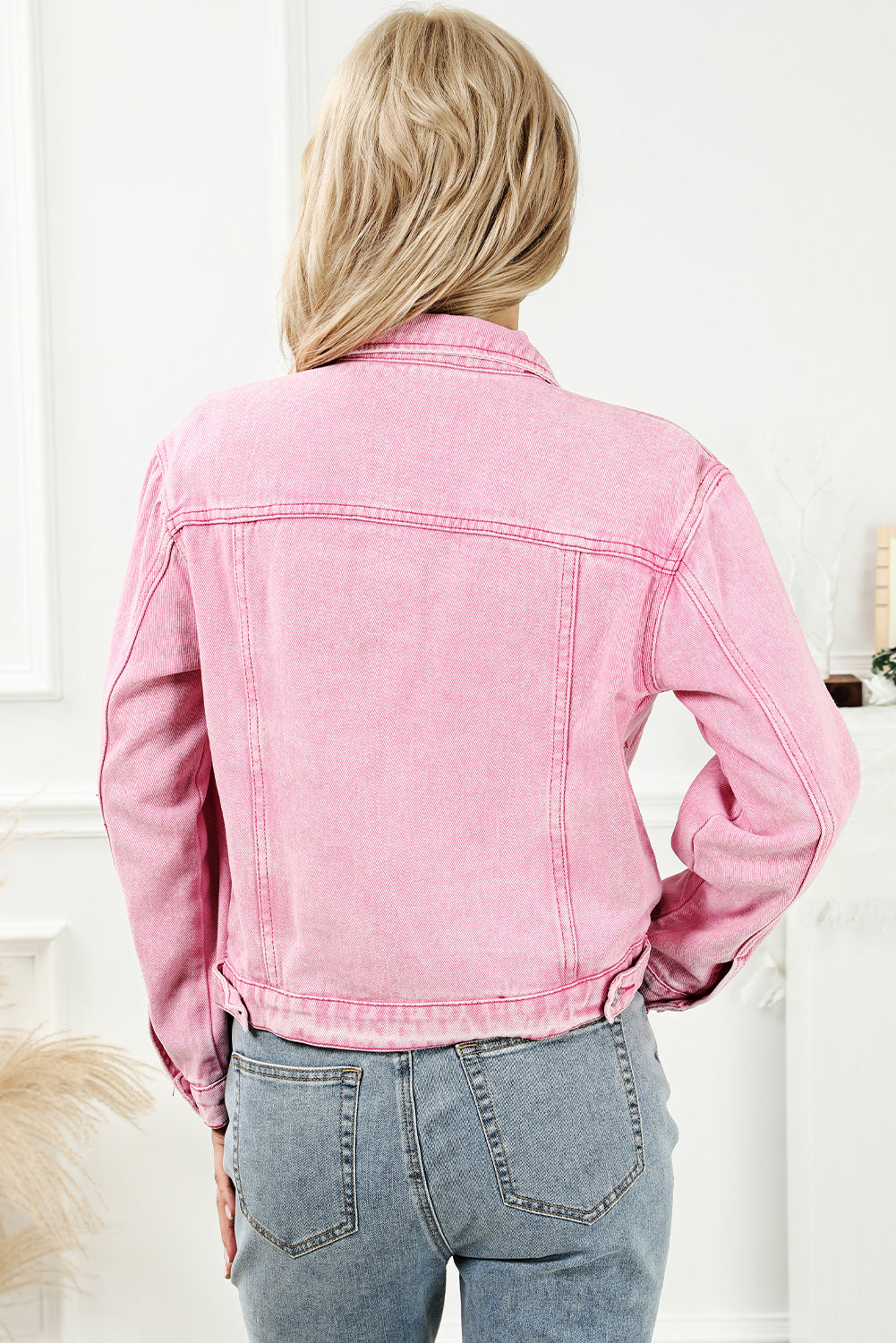 100% Cotton Pink Acid Wash Button Flap Pocket Denim Jacket