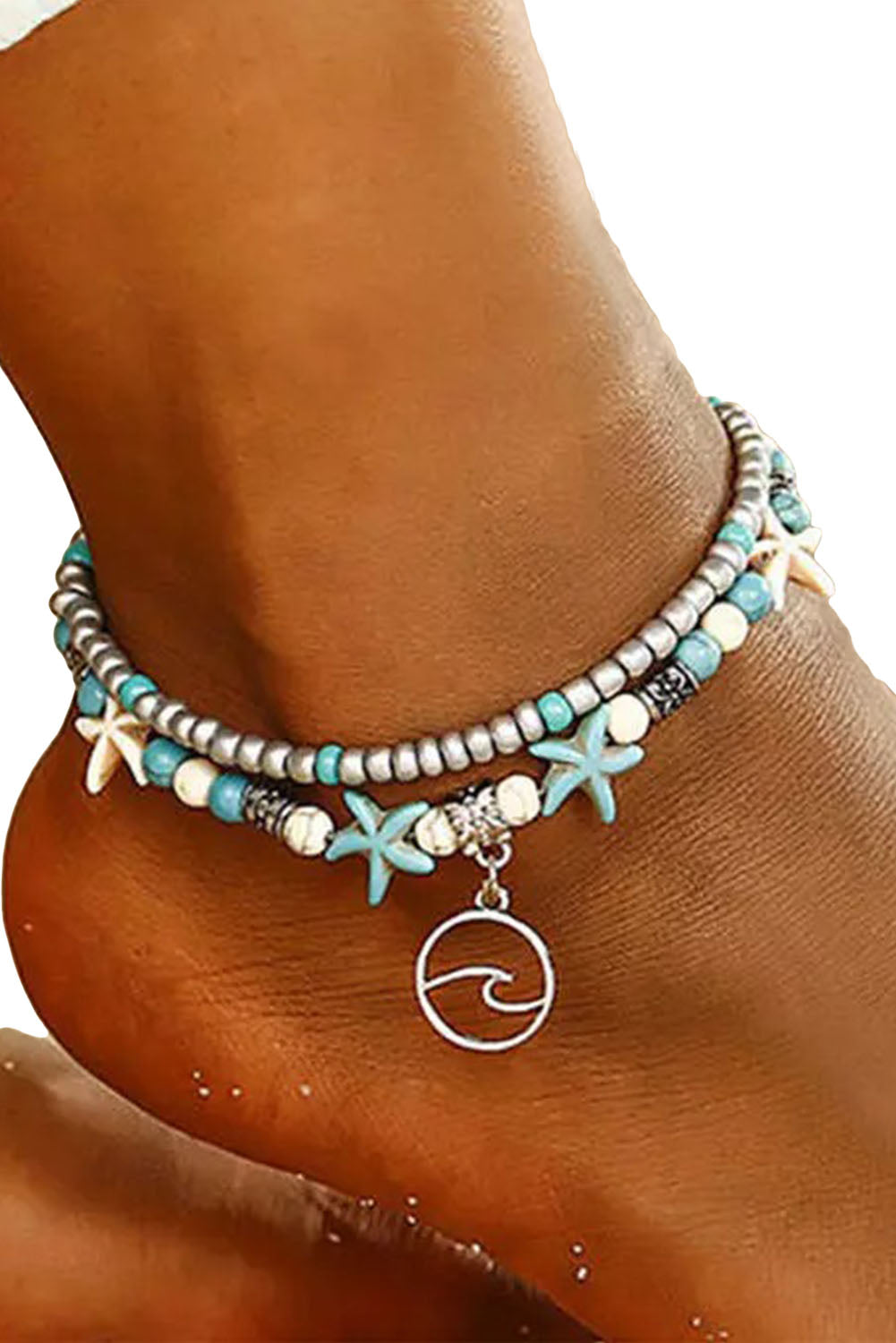 Turquoise Blue Beach Double Anklet featuring Starfish and Wave Insignia