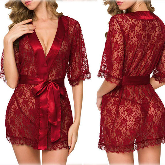 Womens Lace Robe Pajamas with Satin Tie | 4 Colour Options