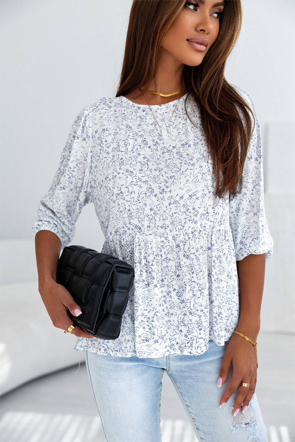 Blue and White Retro Floral Printed 3/4 Puff Sleeve Blouse Summer Top