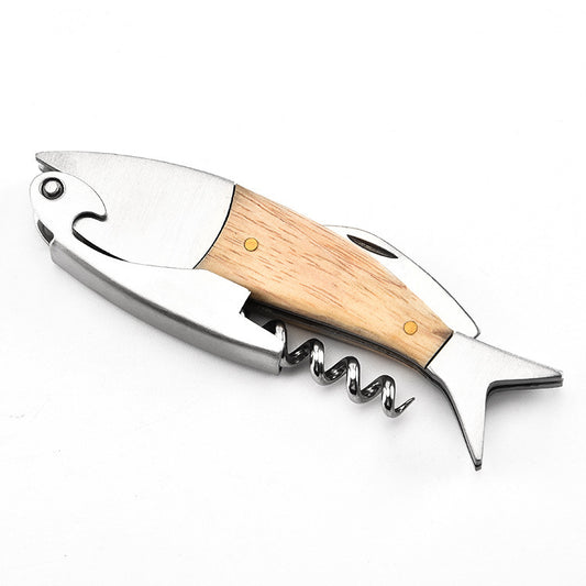 Shark Shaped Wine And Beer Bottle Top Opener - Stainless Steel and Wood