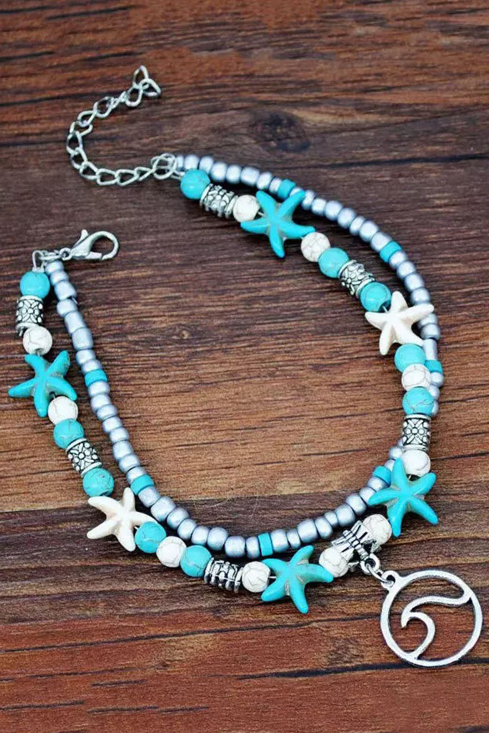 Turquoise Blue Beach Double Anklet featuring Starfish and Wave Insignia