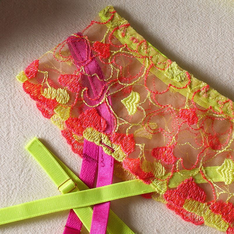 Three Piece Sexy Neon Garter See-Through Lace Lingerie Set