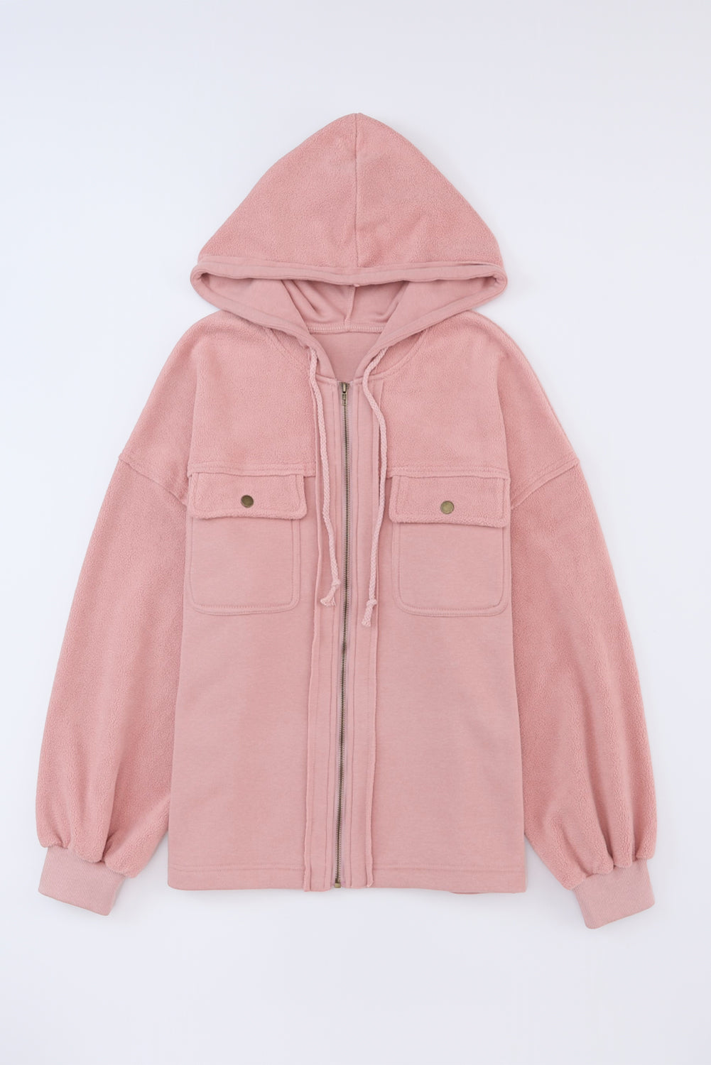 Cotton Blend Pink Flap Pocket Drawstring Hood Zip Up Jacket