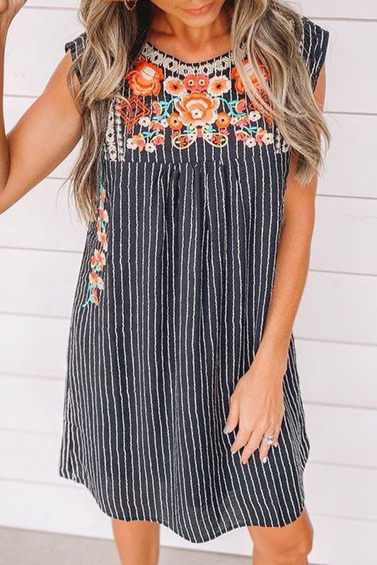 Cotton Blend Blue Embroidered Striped Print Sleeveless Mini Dress