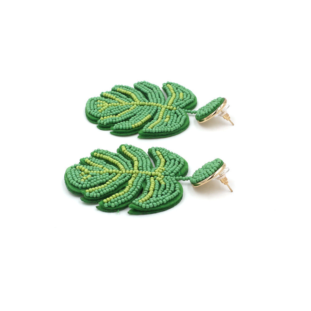 Hand-Woven Monsteria Beaded Leaf Earrings