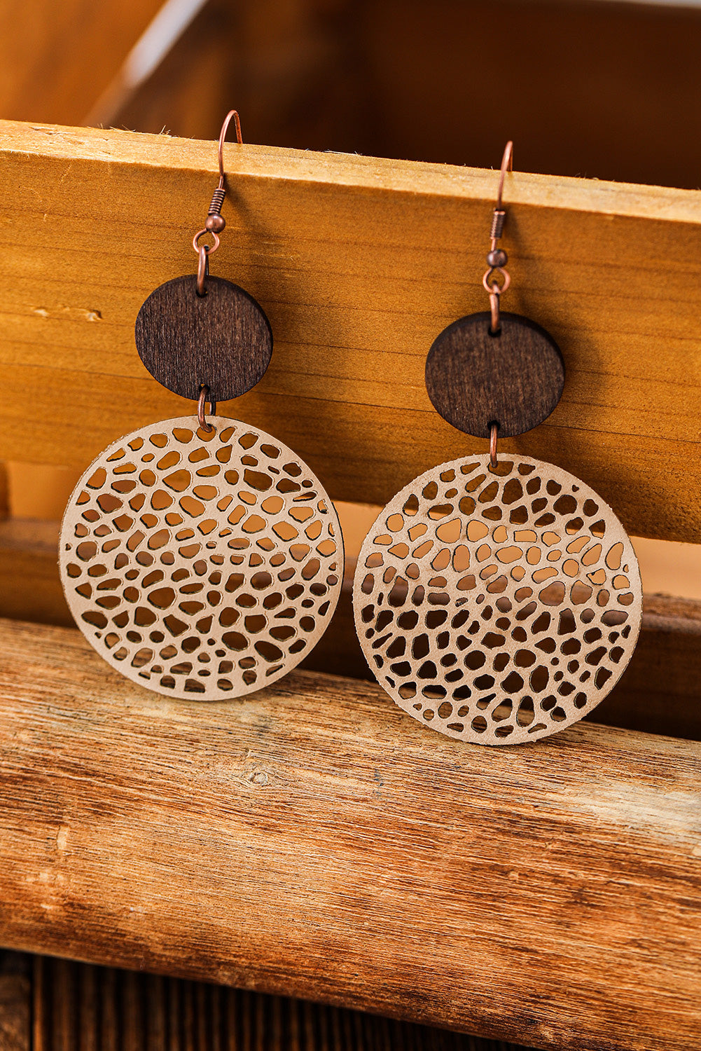 Beige Hollow Out Wooden Round Drop Earrings