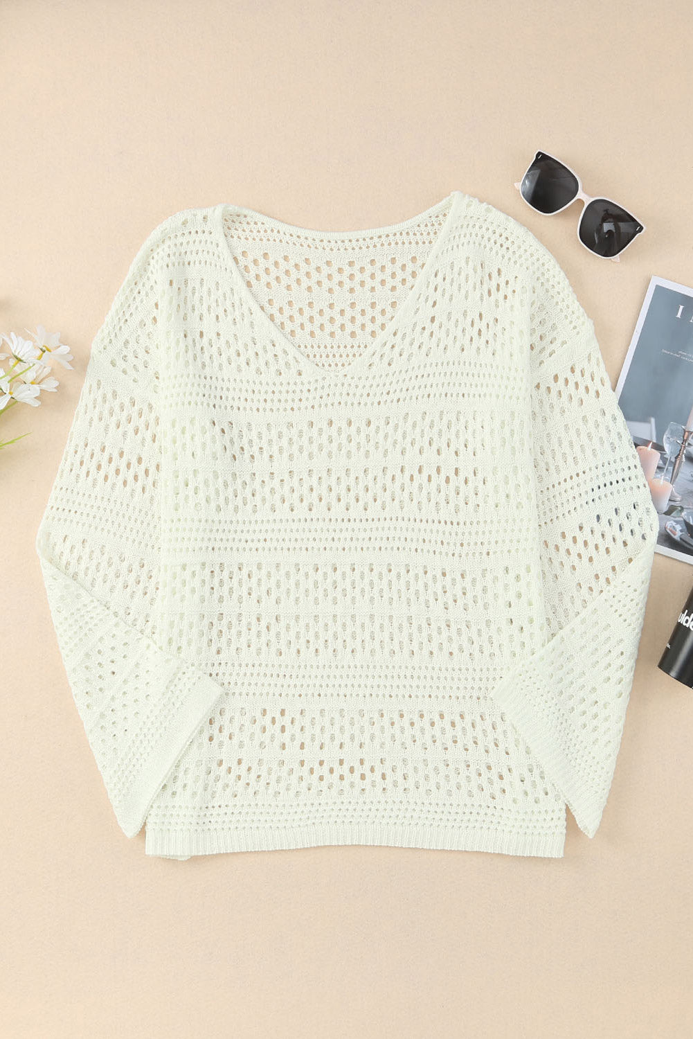 White V-Neck Pullover Sweater Hollow Out Crochet Knit Fabric