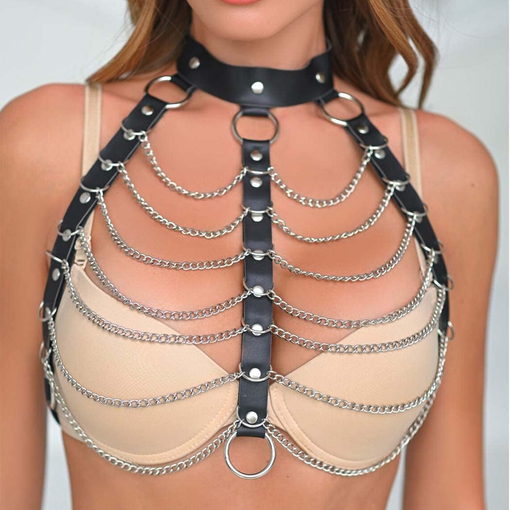 BDSM Leather Lingerie Chain Top with Stainless Steel Chains