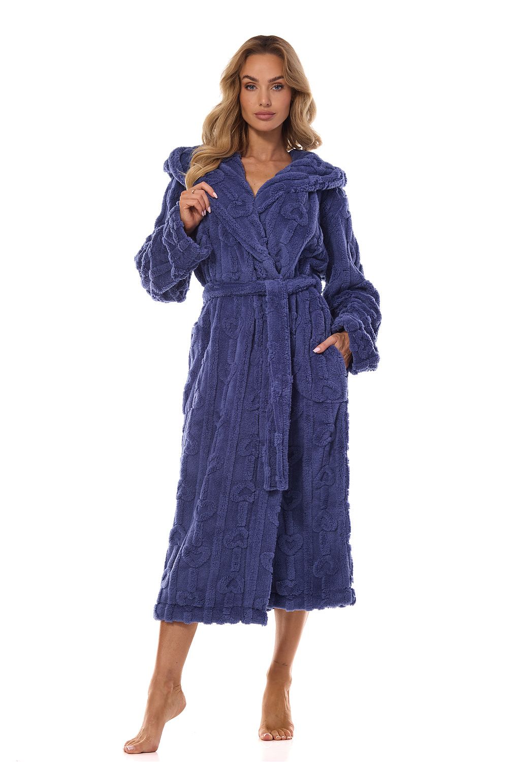 Long Navy Blue Luxury Womens Bathrobe with Hood by L&L