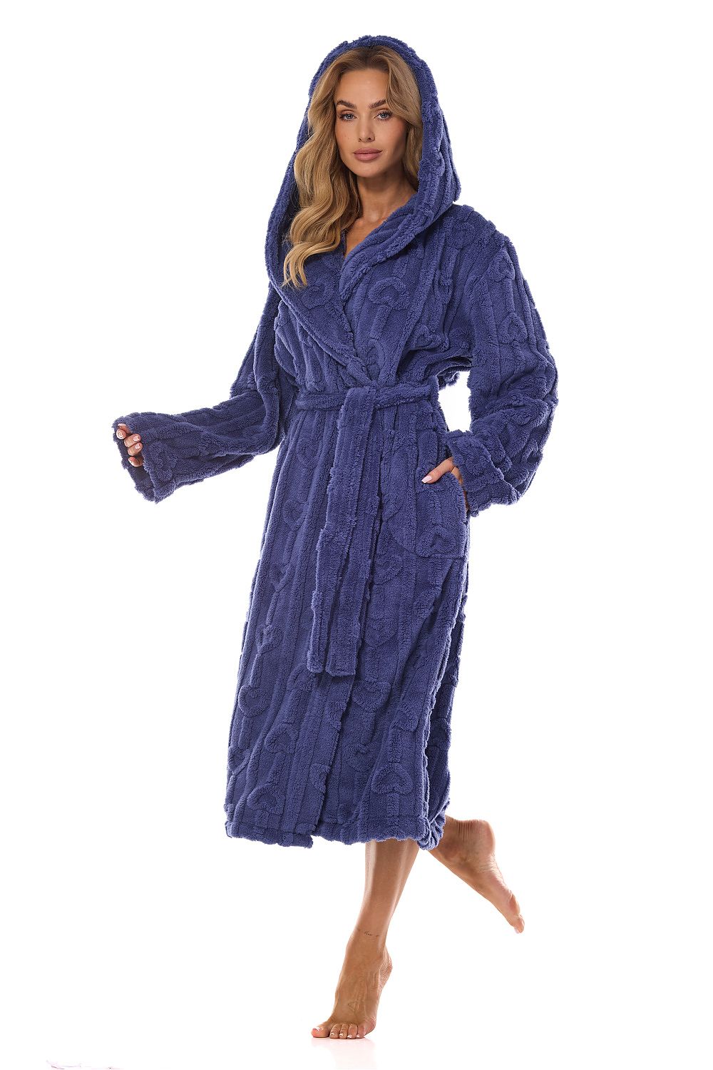 Long Navy Blue Luxury Womens Bathrobe with Hood by L&L