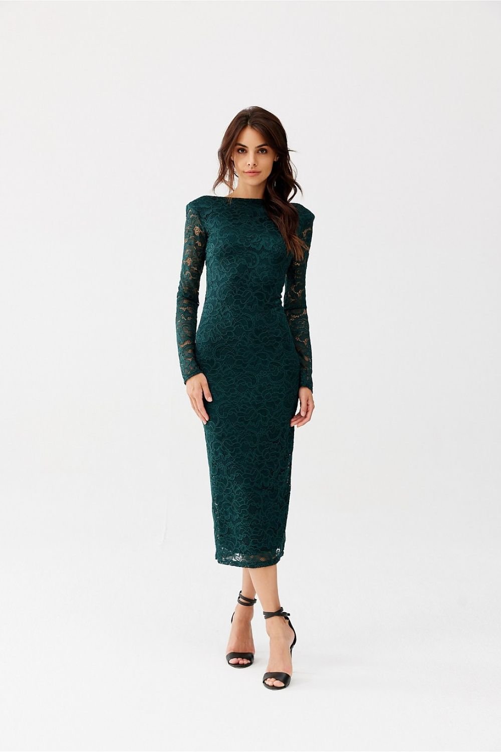 Long Sleeved Lace Midi Evening Dress by Roco | Black, Red or Green