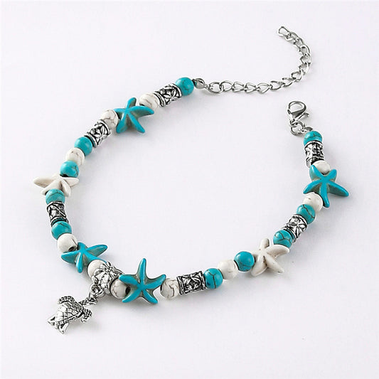 Turquoise Starfish Anklet with Turtle Charm