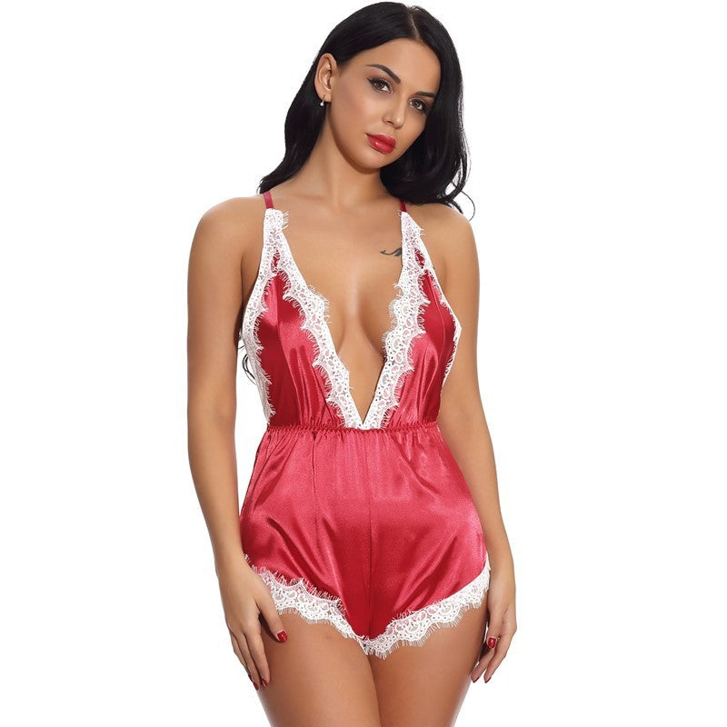 Sexy Satin Lace Edged One-Piece Bodysuit Pajamas