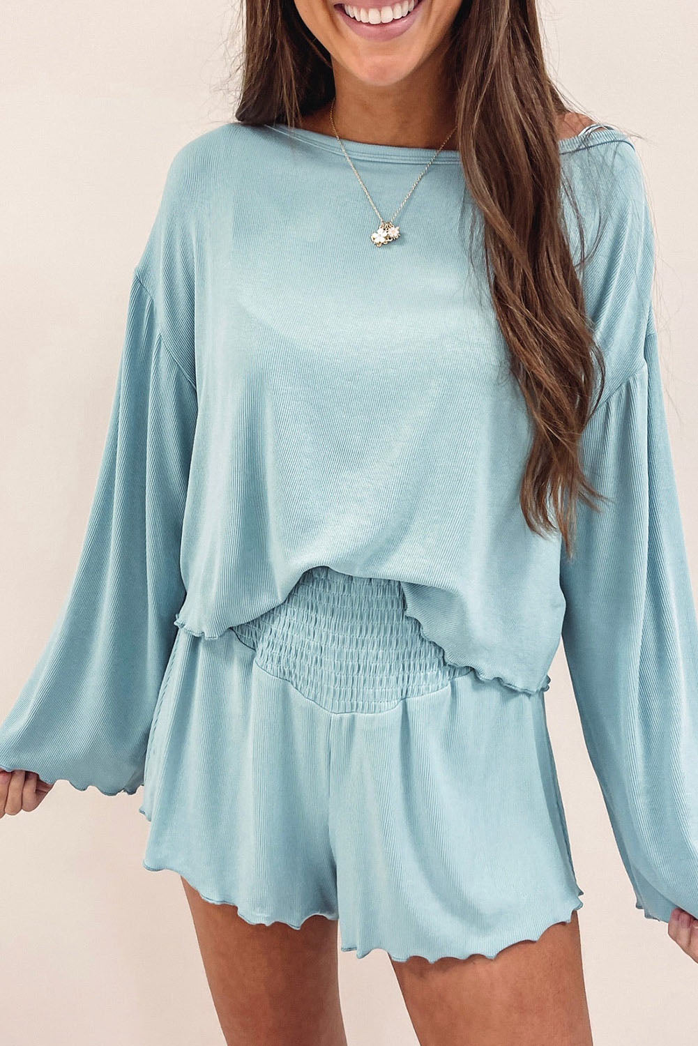 Sky Blue Long Sleeve Top & Shirred High Waist Shorts Set