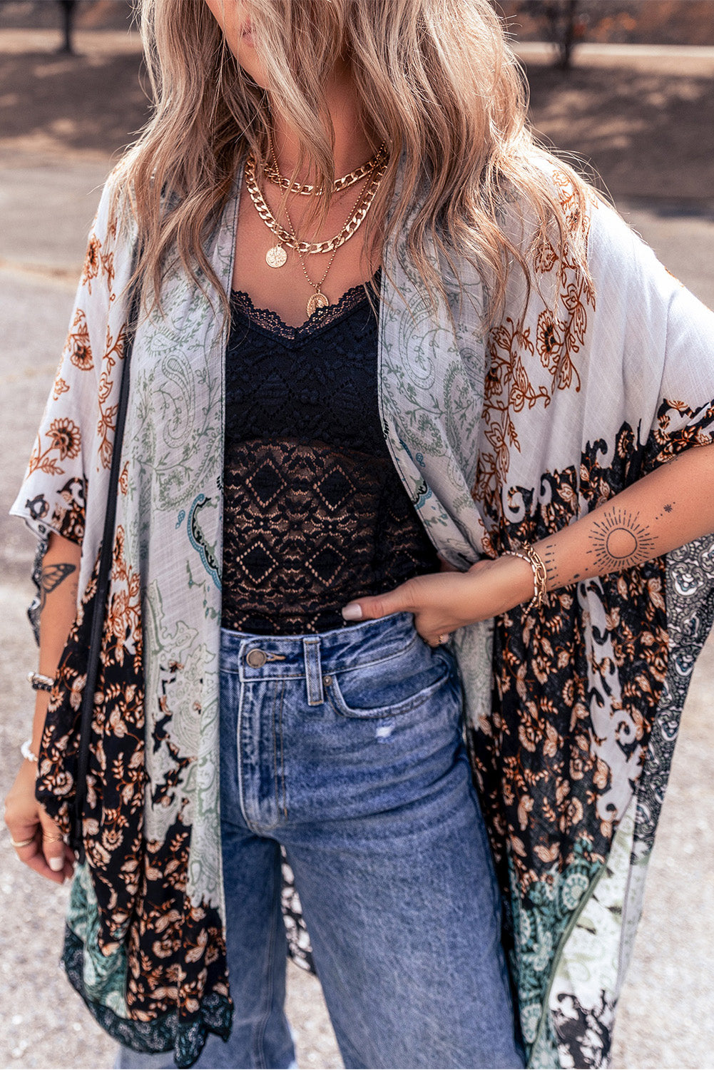 Boho Floral Print Beach Kimono