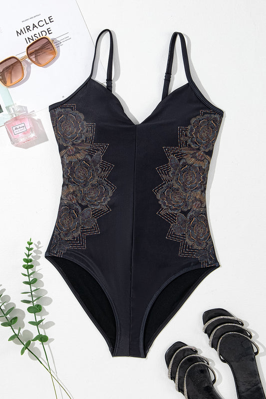 Black Petal Print One-Piece Crisscross Back Spaghetti Straps Swimsuit