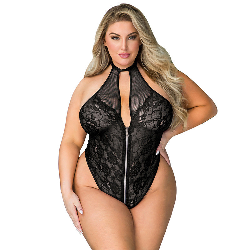 Plus Size Font Zipped Lace Bodysuit Lingerie | Black or Red