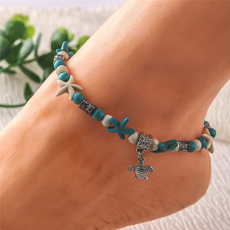 Turquoise Starfish Anklet with Turtle Charm