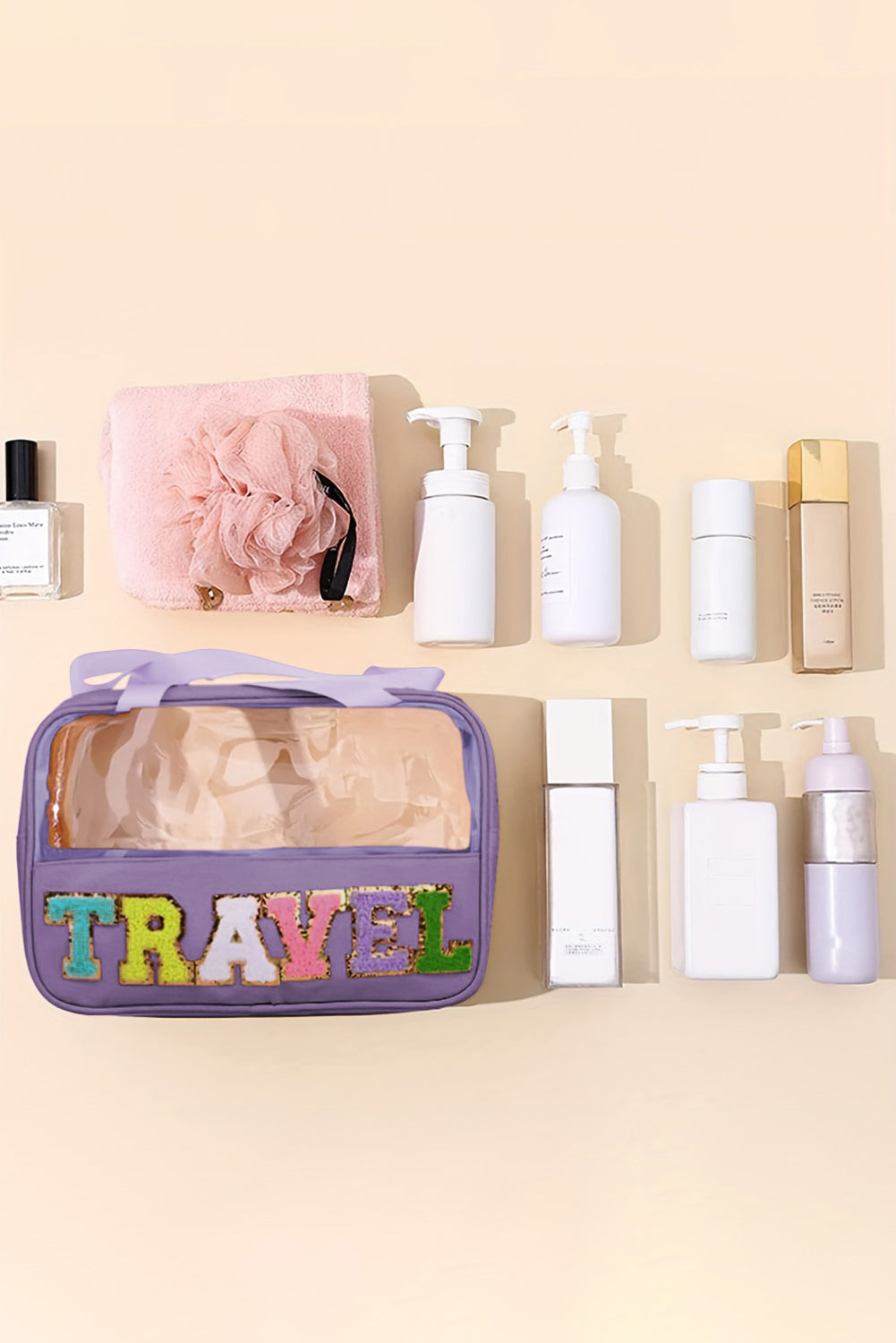 Pastel Coloured Clear Window Travel Friendly Chenille Letter Makeup Bag